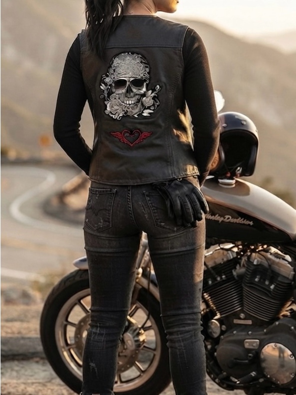 Women's Biker Black Leather Vest. Ride n Style🏍️ Candy Skull & Harley Patched